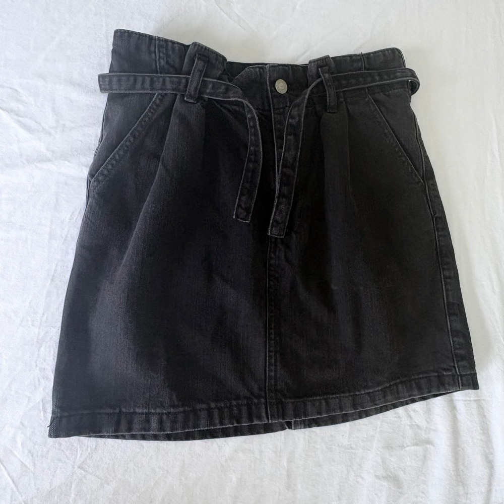 Hollister Womens Black Denim Ultra High Rise Paper Bag Waist Belt Mini Skirt 3